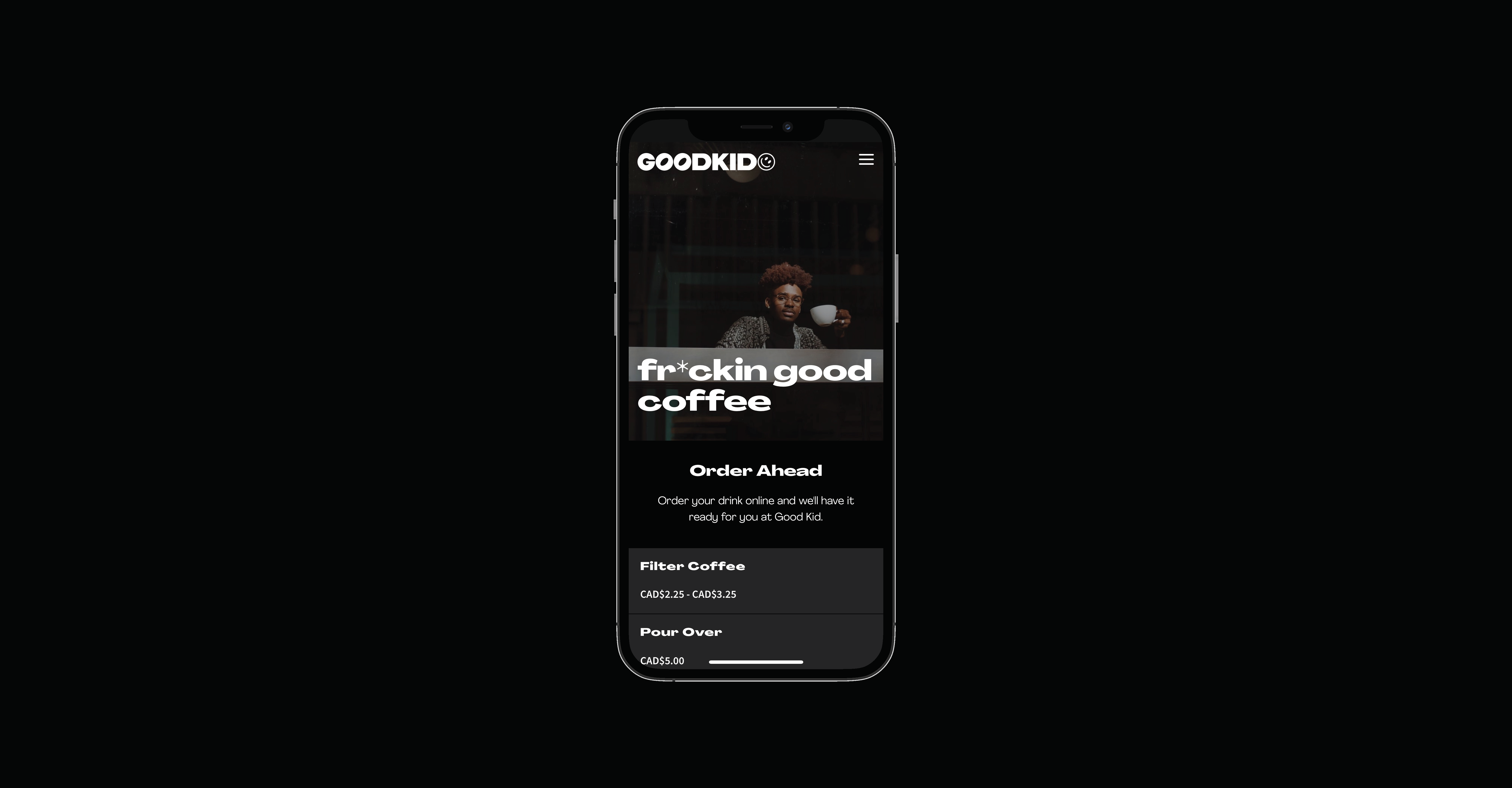 Good Kid Coffee website design mobile